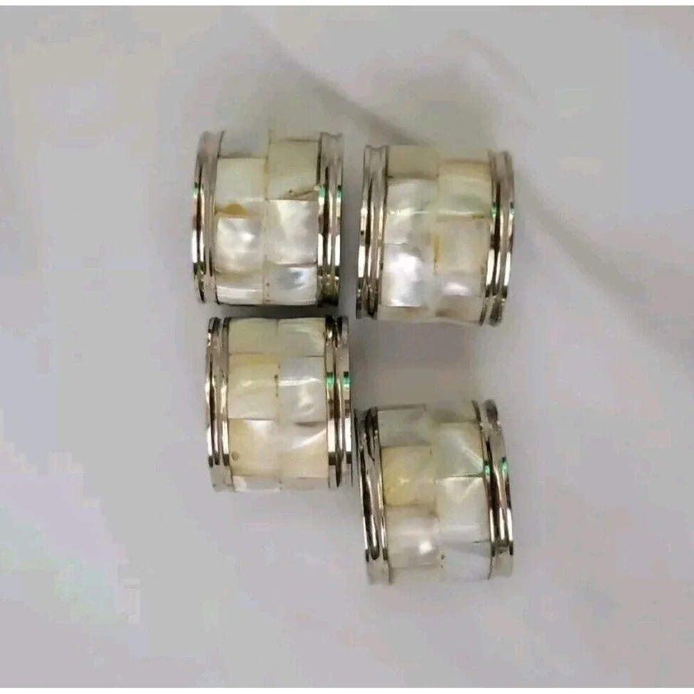 Mother of Pearl Shell Silver-Tone‎ Napkin Rings Set Of 4